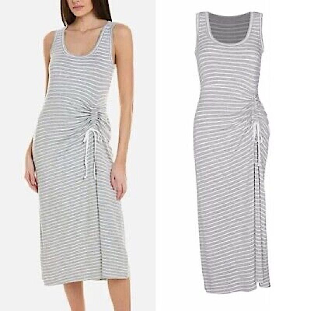 CAbi 5974 Easy Tank Midi Shirt Dress Sleeveless Stretch Ruched Gray White S